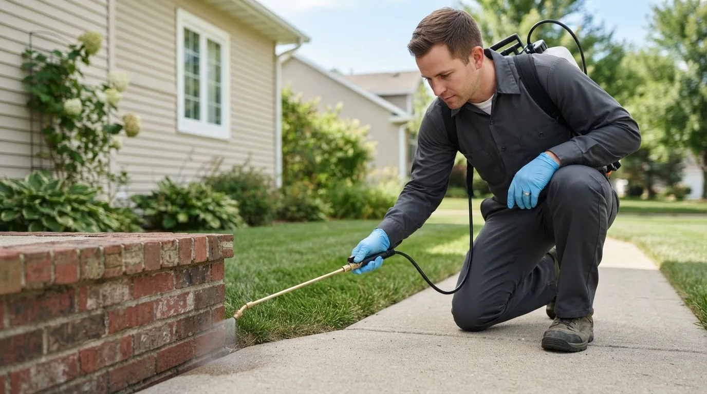 Pest control technician treating a home near Harwich, MA